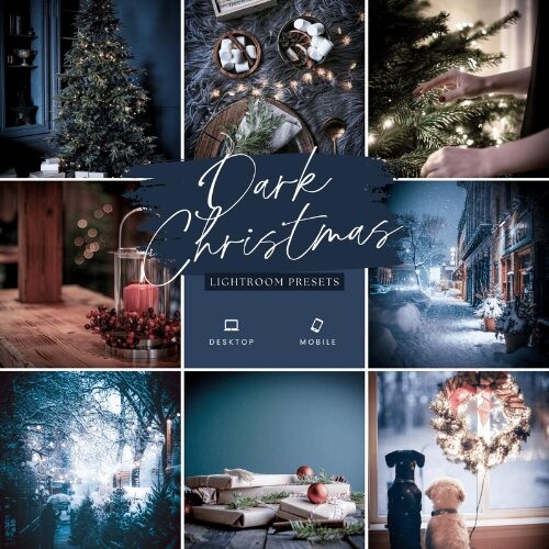 A mock up of Dark Christmas Lightroom preset images